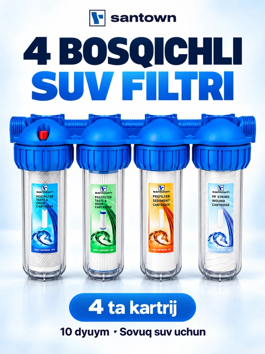 Suv filtri Santown, 4 bosqichli, 10 dyuym, PP + UDF + CTO + PS, sovuq suv uchun - 