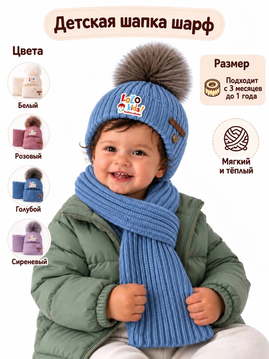 Детский, зимний, теплый, вязаный комплект: шапка с шарфом, 6–12 месяцев