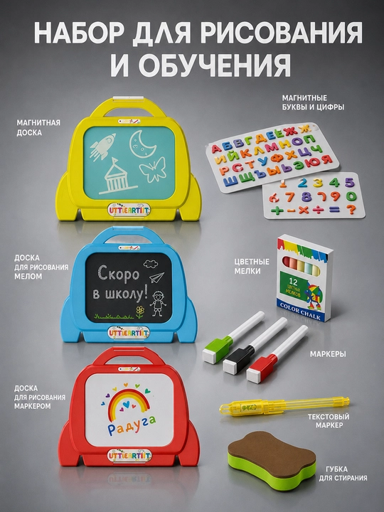 Детский набор для рисования 3 в 1 с магнитными буквами и цифрами