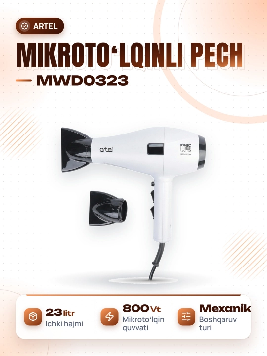 Mikroto'lqinli pech Artel MWD 0323, 23 l Auto-menyu funksiyasi va ovozli taymer bilan
