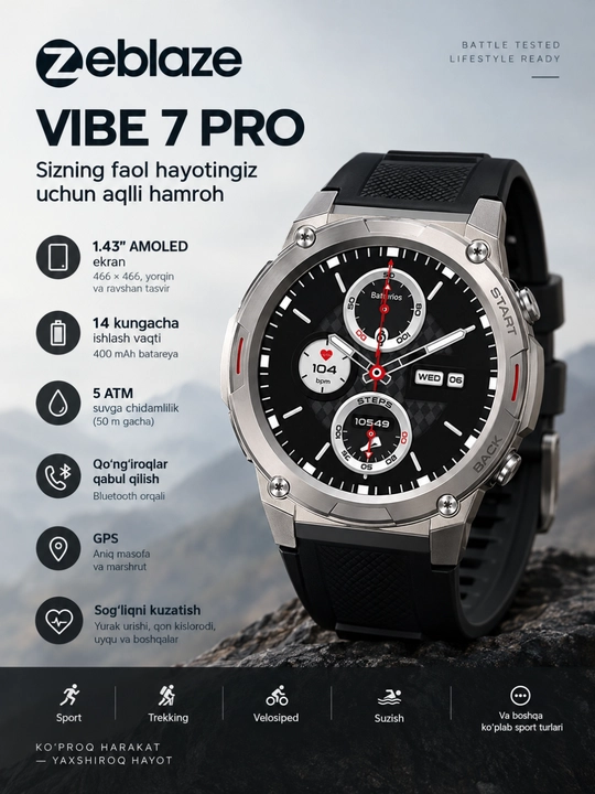 Умные часы Zeblaze Vibe 7 Pro AMOLED-экран, Bluetooth-звонками, измерением пульса и(SpO₂) - 