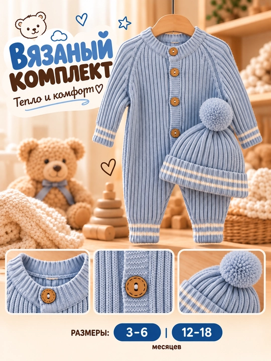 Tiffany Baby bolalar uchun trikotaj kombinezon va shapkachali to‘plam, bej va havorang - 