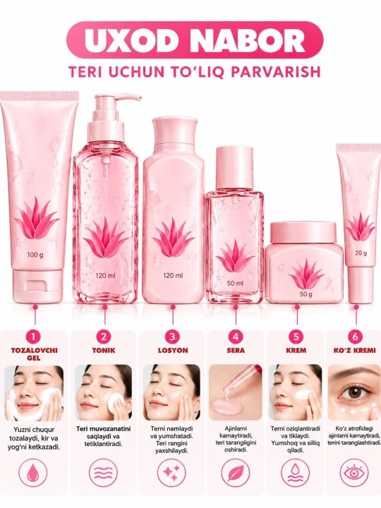 Yuzni parvarish ,ayolar yuzi qilish to'plami: tonik, zardob, krem, gel, loson, ko'z kremi - 