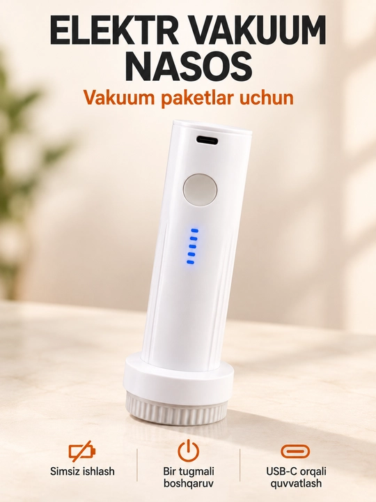 Vakuum paketlar uchun simsiz elektr nasos, USB-C orqali quvvatlanadigan