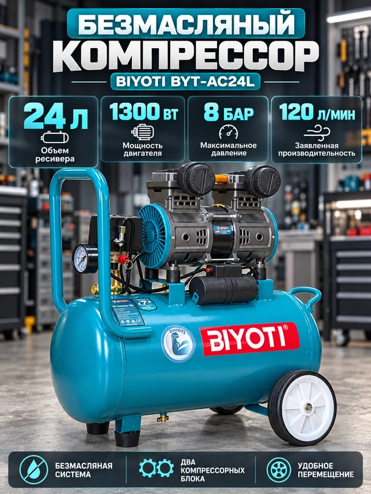 Компрессор воздушный BIYOTI BYT-AC24L, безмасляный, 24 л, 1300 Вт, 8 бар - 