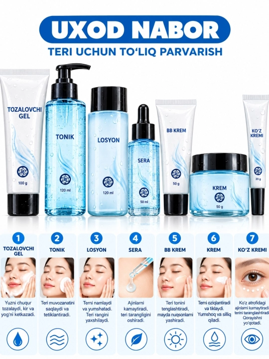 Yuzni parvarish ,ayolar yuzi qilish to'plami: tonik, zardob, krem, gel, loson, ko'z kremi - 