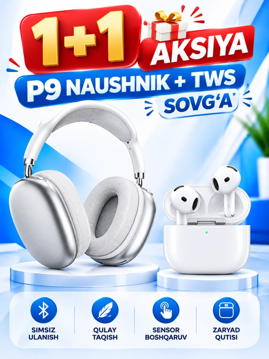 P9 simsiz naushnik Bluetooth, mikrofon, yumshoq yostiqchalar, TWS sovg‘a - 