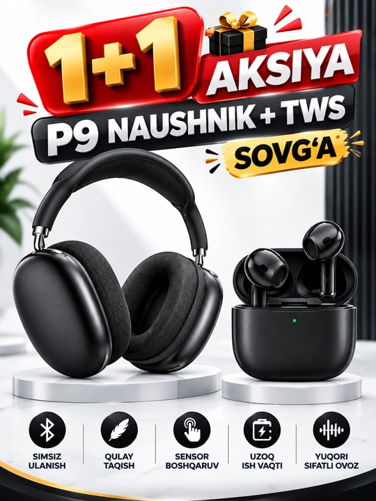 P9 simsiz naushnik Bluetooth, mikrofon, yumshoq yostiqchalar, TWS sovg‘a - 