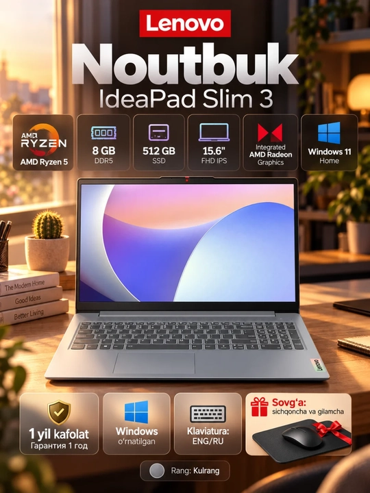 Noutbuk Lenovo IdeaPad Slim 3, Ryzen 5-40, 8/512GB, 15.6" FHD IPS, 1 yil kafolat - 