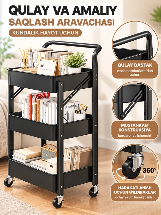 G‘ildirakli 3 qavatli yig‘ma etajerka, oshxona va vannaxona uchun metall javon