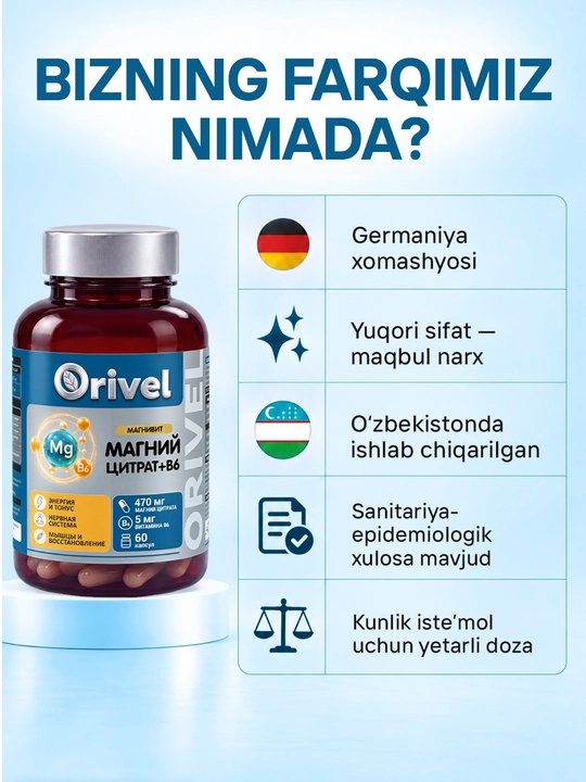 Magniy sitrat 470mg + B6 - Magnivit - asab tizimi, yurak, mushaklarni qo‘llab-quvvatlaydi