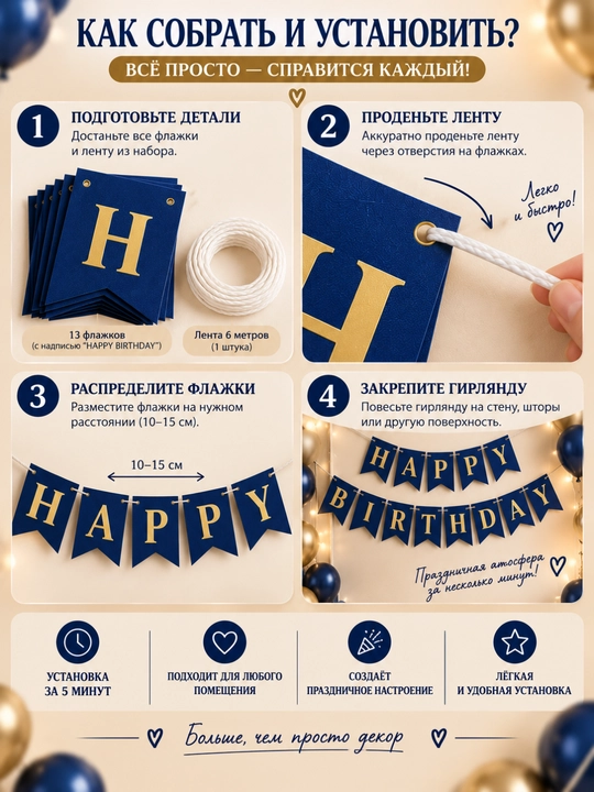 Гирлянда Happy Birthday баннер для украшения дня рождения, декор для праздника