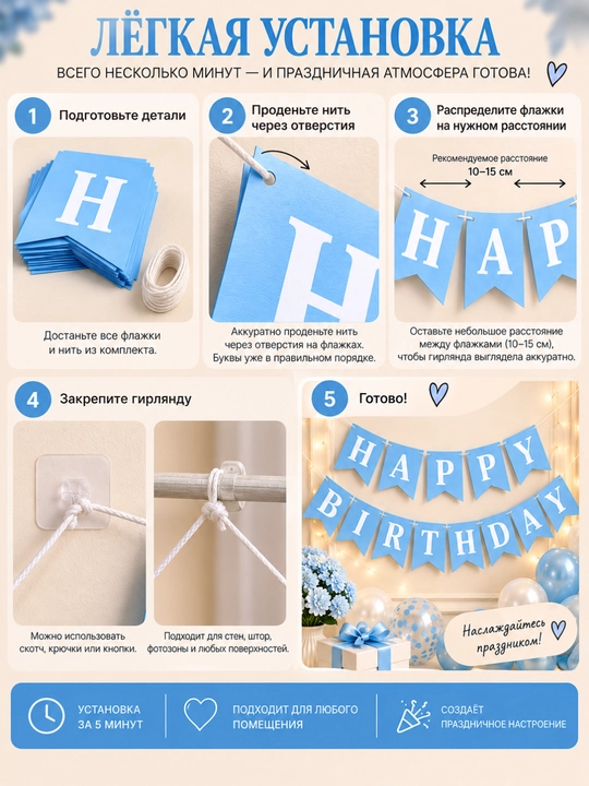 Гирлянда Happy Birthday баннер для украшения дня рождения, декор для праздника