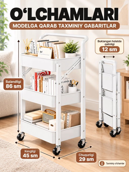 G‘ildirakli 3 qavatli yig‘ma etajerka, oshxona va vannaxona uchun metall javon