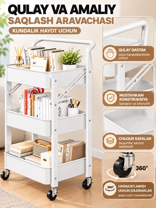 G‘ildirakli 3 qavatli yig‘ma etajerka, oshxona va vannaxona uchun metall javon