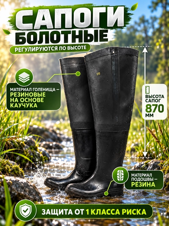 Сапоги резиновые, болотные, защита от воды, до бедра