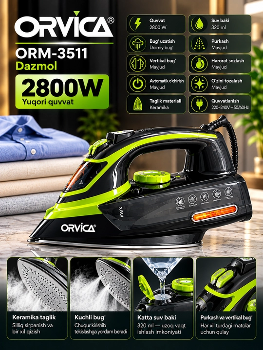 Dazmol, bug‘li dazmol ORVICA ORM-3511, 2800 Vt, keramik taglik, vertikal bug‘lash