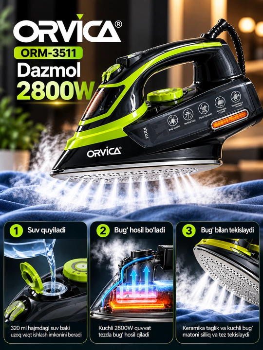 Dazmol, bug‘li dazmol ORVICA ORM-3511, 2800 Vt, keramik taglik, vertikal bug‘lash