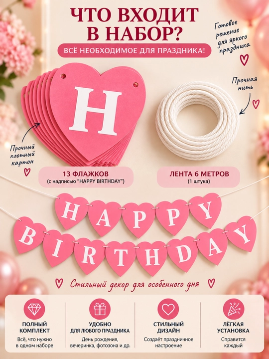 Гирлянда Happy Birthday баннер для украшения дня рождения, декор для праздника