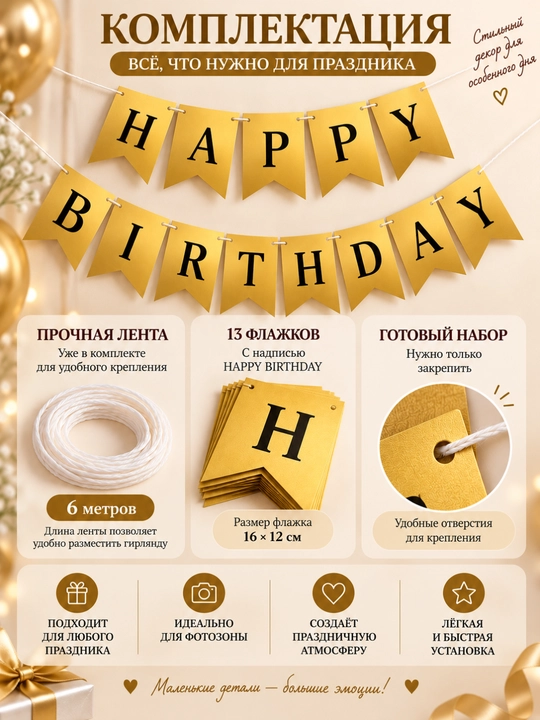 Гирлянда Happy Birthday баннер для украшения дня рождения, декор для праздника