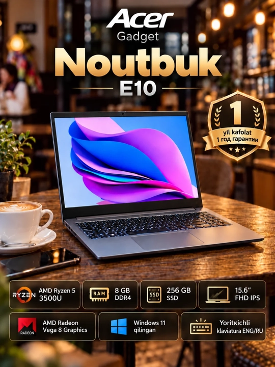 Noutbuk Acer Gadget E10, Ryzen 5-3500, 8/256GB, 15.6" FHD IPS, 1 yil kafolat - 