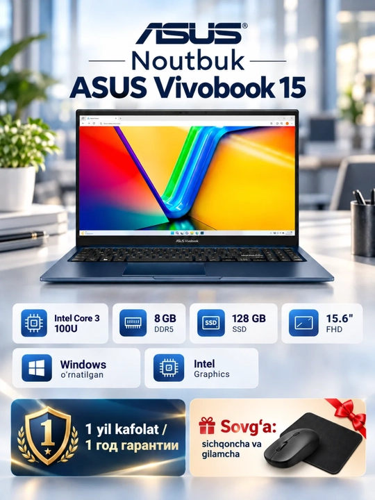 Ноутбук ASUS Vivobook 15, Core 3 100U, 8/128ГБ, 15.6" FHD, гарантия 1 год - 