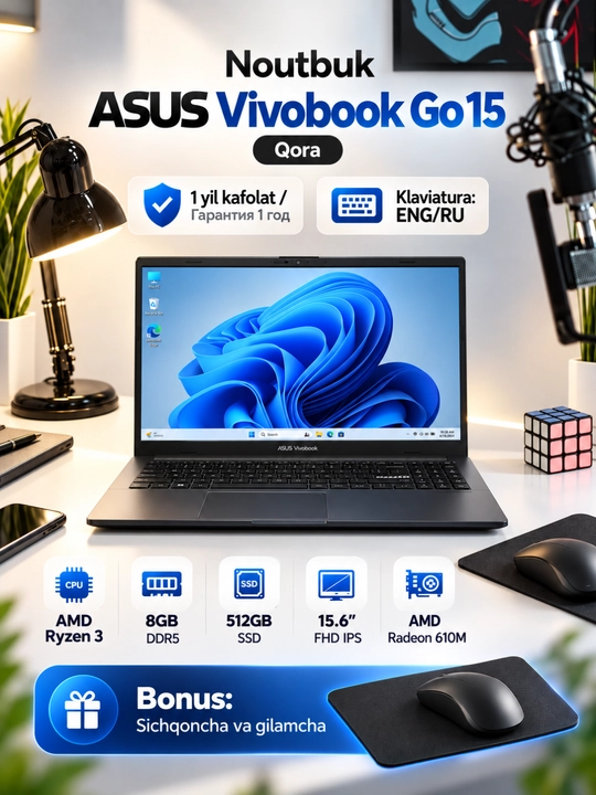 Ноутбук ASUS Vivobook Go 15, Ryzen 3-30, 8/512ГБ, 15.6" FHD IPS, гарантия 1 год - 