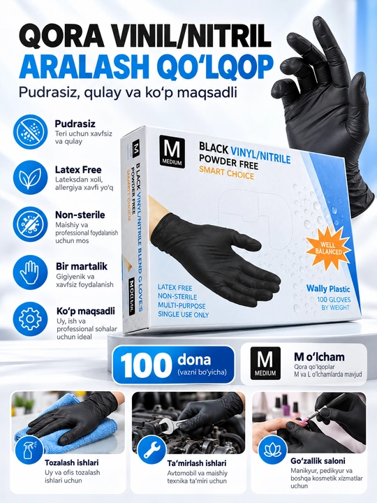 Bir martalik vinil nitril qo‘lqoplar, pudrasiz, qora, ko‘k, pushti, S, M, L, 100 dona - 