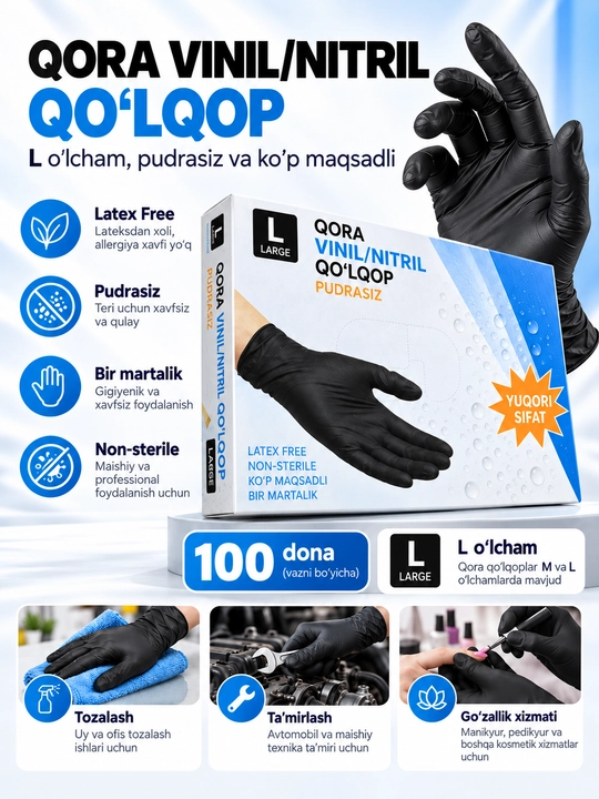 Bir martalik vinil nitril qo‘lqoplar, pudrasiz, qora, ko‘k, pushti, S, M, L, 100 dona