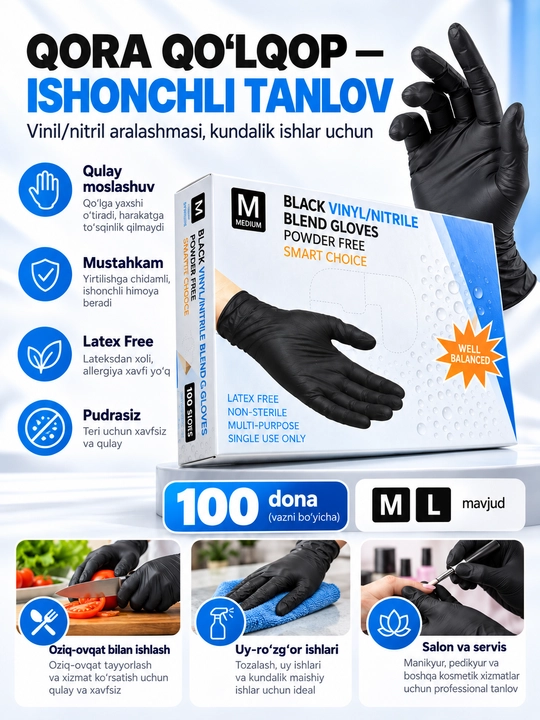 Bir martalik vinil nitril qo‘lqoplar, pudrasiz, qora, ko‘k, pushti, S, M, L, 100 dona