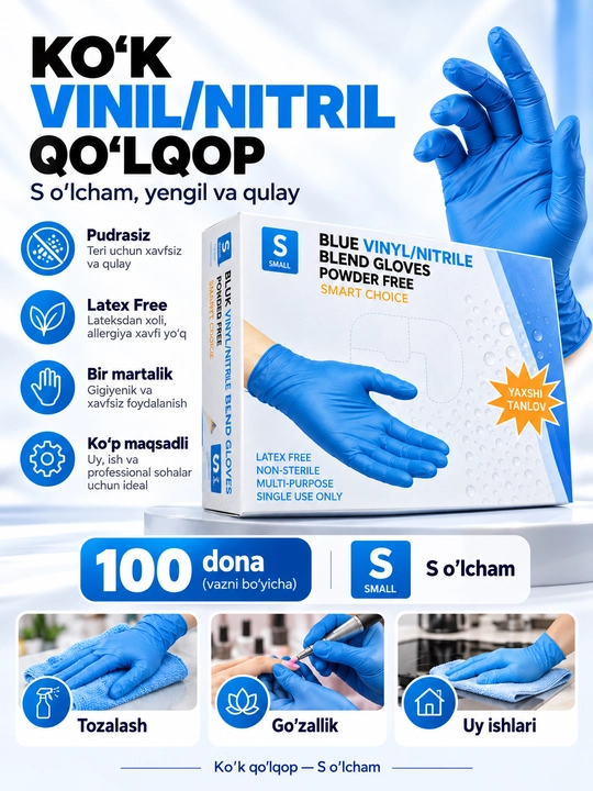 Bir martalik vinil nitril qo‘lqoplar, pudrasiz, qora, ko‘k, pushti, S, M, L, 100 dona - 
