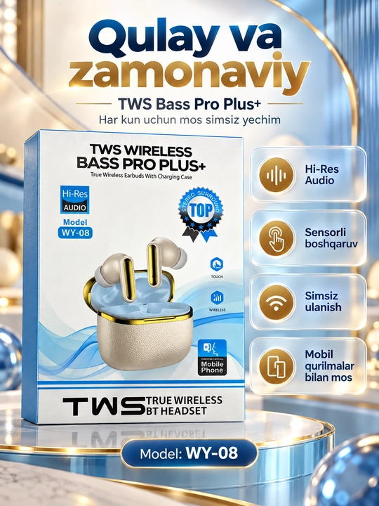 Simsiz Bluetooth quloqchin TWS Bass Pro + WY-08 / WY-09, sensorli zaryadlash g‘ilofi bilan - 