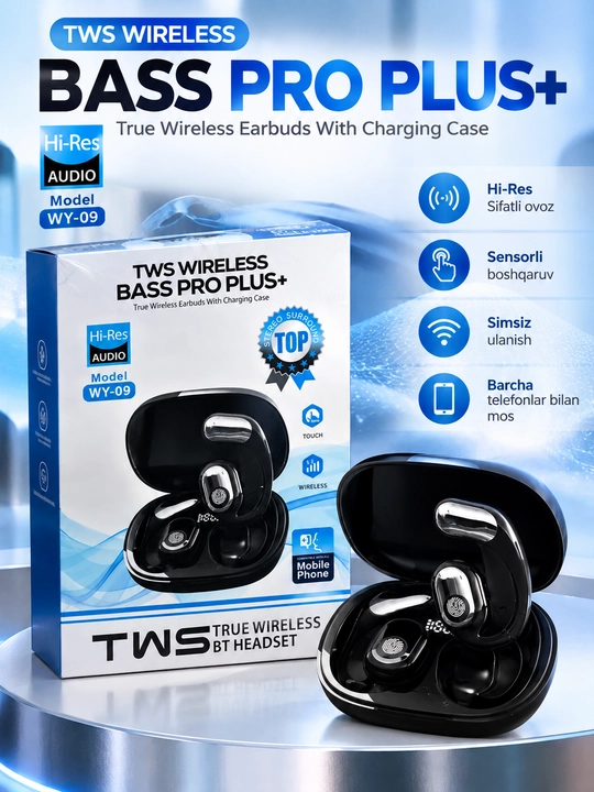 Simsiz Bluetooth quloqchin TWS Bass Pro + WY-08 / WY-09, sensorli zaryadlash g‘ilofi bilan