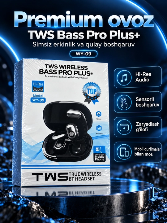 Simsiz Bluetooth quloqchin TWS Bass Pro + WY-08 / WY-09, sensorli zaryadlash g‘ilofi bilan