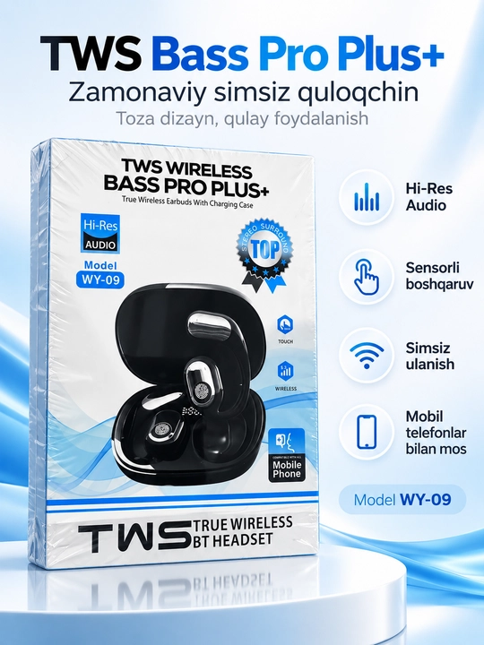 Simsiz Bluetooth quloqchin TWS Bass Pro + WY-08 / WY-09, sensorli zaryadlash g‘ilofi bilan