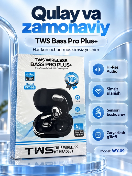 Simsiz Bluetooth quloqchin TWS Bass Pro + WY-08 / WY-09, sensorli zaryadlash g‘ilofi bilan - 