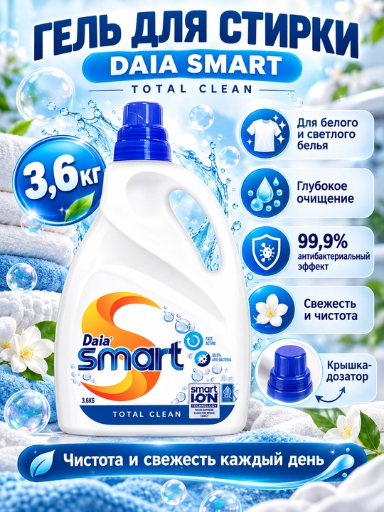 Daia Smart kir yuvish geli, antibakterial ta’sirga ega, 3,6 kg - 