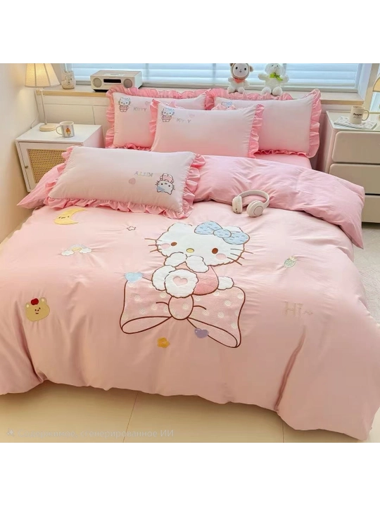 Комплект постельного белья Hello Kitty супер сатин вышивка Китай - 