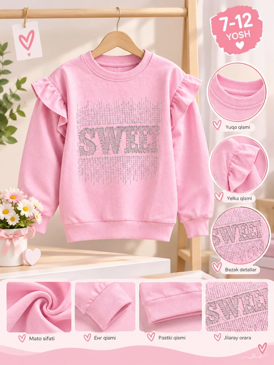 Розовый свитшот для девочки, детская кофта, свитшот с воланами, кофта SWEET - 