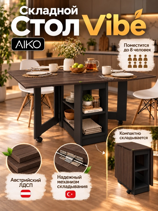 Стол складной, кухонный, AIKO Vibe, раскладной, стол-книжка, обеденный, 160 x 80 x 75 см - 