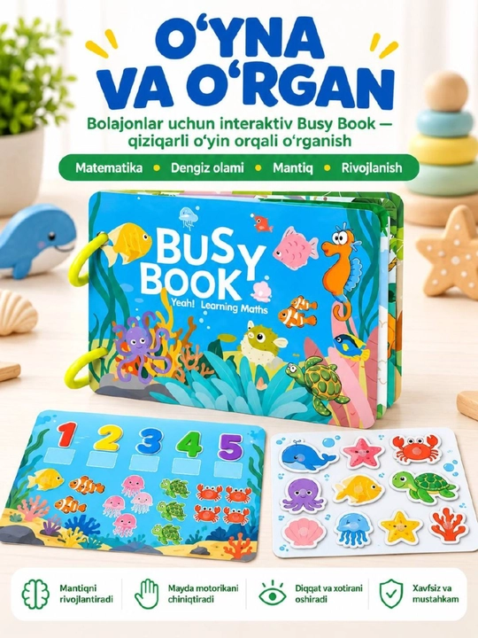 Bolalar uchun rivojlantiruvchi o'quv kitobi, Montessori kitobi, lipuchkali kitob - 