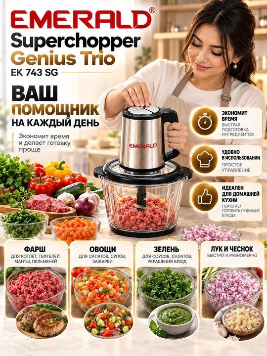 Измельчитель продуктов,Чоппер EMERALD EK 743 SG, 3 л, 500 Вт, 3 скорости