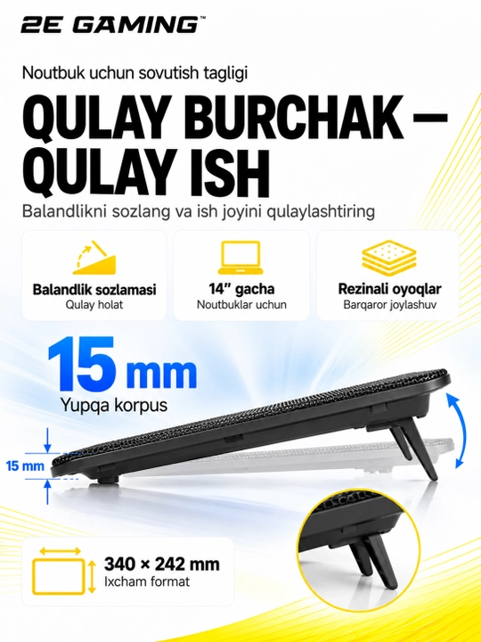 2E GAMING sovutgichli noutbuk tagligi, 14"-17.3," LED yoritgich, kuchli