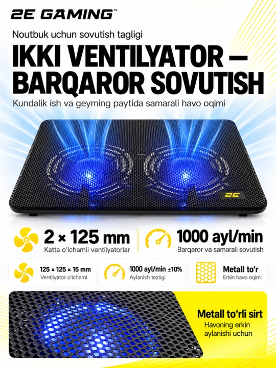 2E GAMING sovutgichli noutbuk tagligi, 14"-17.3," LED yoritgich, kuchli