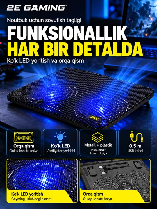 2E GAMING sovutgichli noutbuk tagligi, 14"-17.3," LED yoritgich, kuchli