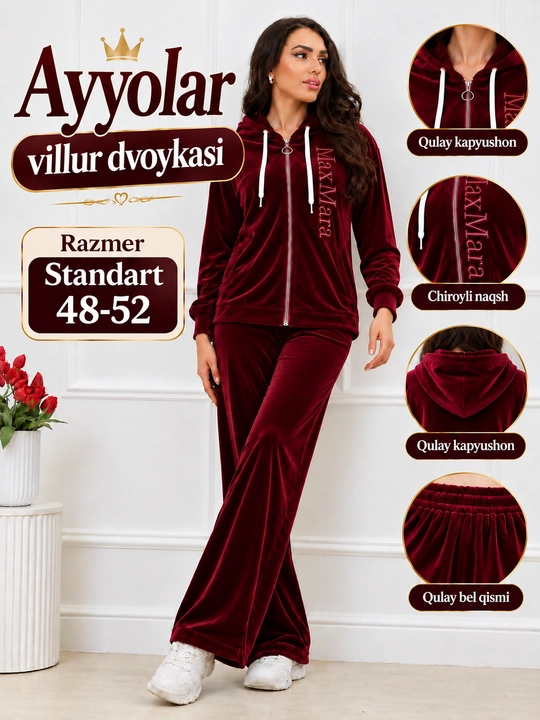 Ayollar uchun ikki qismli velur kostyum, kuz va qish uchun - 