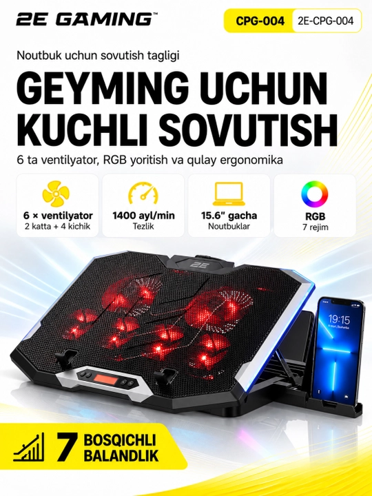 2E GAMING sovutgichli noutbuk tagligi, 14"-17.3," LED yoritgich, kuchli - 