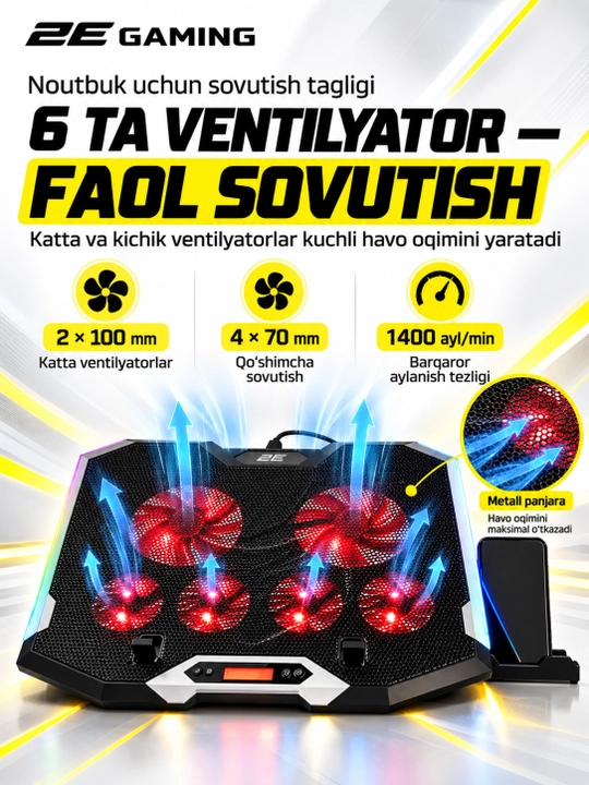 2E GAMING sovutgichli noutbuk tagligi, 14"-17.3," LED yoritgich, kuchli