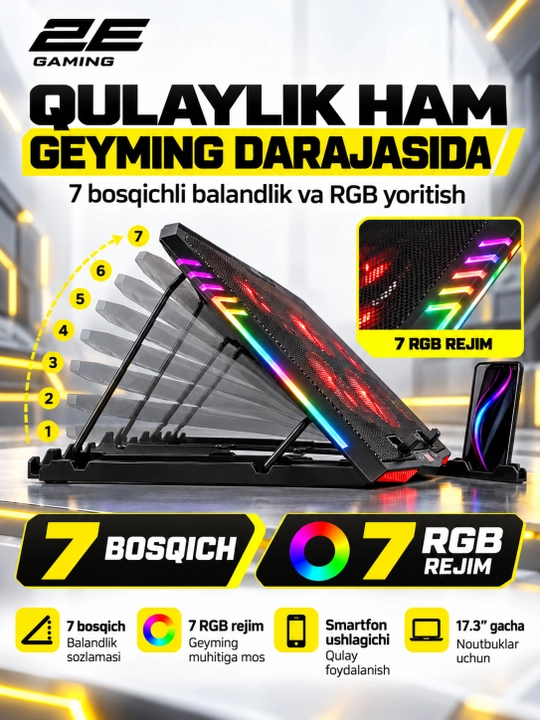 2E GAMING sovutgichli noutbuk tagligi, 14"-17.3," LED yoritgich, kuchli