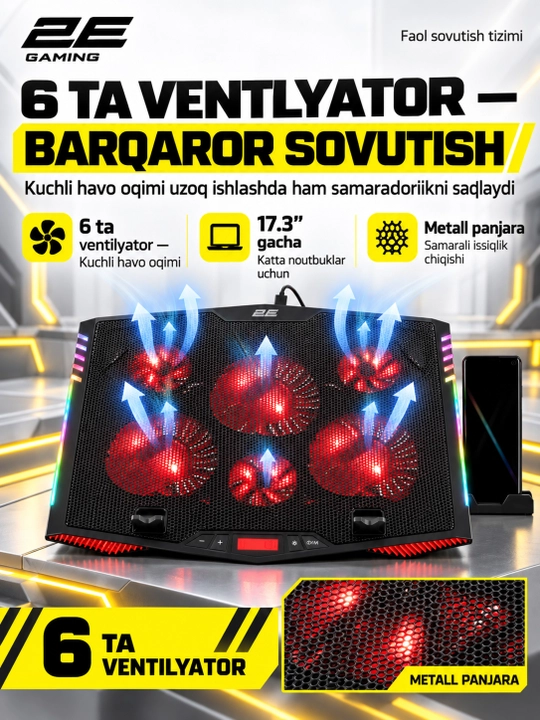 2E GAMING sovutgichli noutbuk tagligi, 14"-17.3," LED yoritgich, kuchli